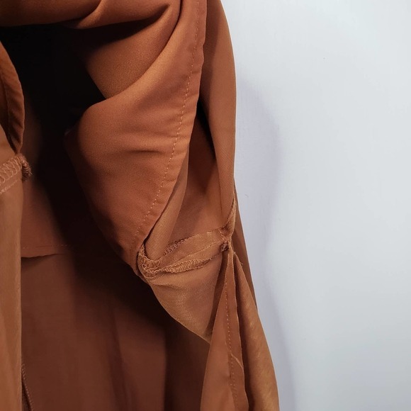 J.O.A. Anouk Satin Draped Shoulder Midi Dress S Side Slit Strappy Cocktail Brown - Picture 10 of 12